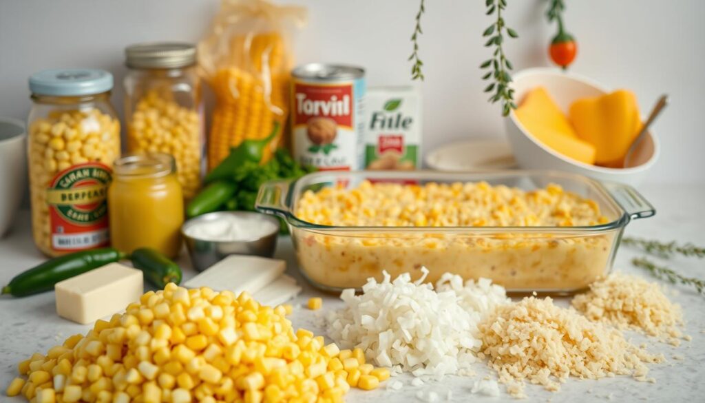 A clean, well-lit kitchen counter with various ingredients for a corn casserole recipe arranged neatly. In the foreground, a pile of fresh corn kernels, a jar of jalapeños, a pat of butter, and a carton of sour cream. In the middle ground, a baking dish filled with a creamy, golden casserole, surrounded by shredded cheese, chopped onions, and breadcrumbs. In the background, a few additional ingredients like canned corn, bell peppers, and a sprig of fresh thyme hang suspended in soft, even lighting, creating a sense of depth and balance. The overall mood is inviting and approachable, highlighting the versatility of the classic corn casserole dish. A clean, well-lit kitchen counter with various ingredients for a corn casserole recipe arranged neatly. In the foreground, a pile of fresh corn kernels, a jar of jalapeños, a pat of butter, and a carton of sour cream. In the middle ground, a baking dish filled with a creamy, golden casserole, surrounded by shredded cheese, chopped onions, and breadcrumbs. In the background, a few additional ingredients like canned corn, bell peppers, and a sprig of fresh thyme hang suspended in soft, even lighting, creating a sense of depth and balance. The overall mood is inviting and approachable, highlighting the versatility of the classic corn casserole dish.
