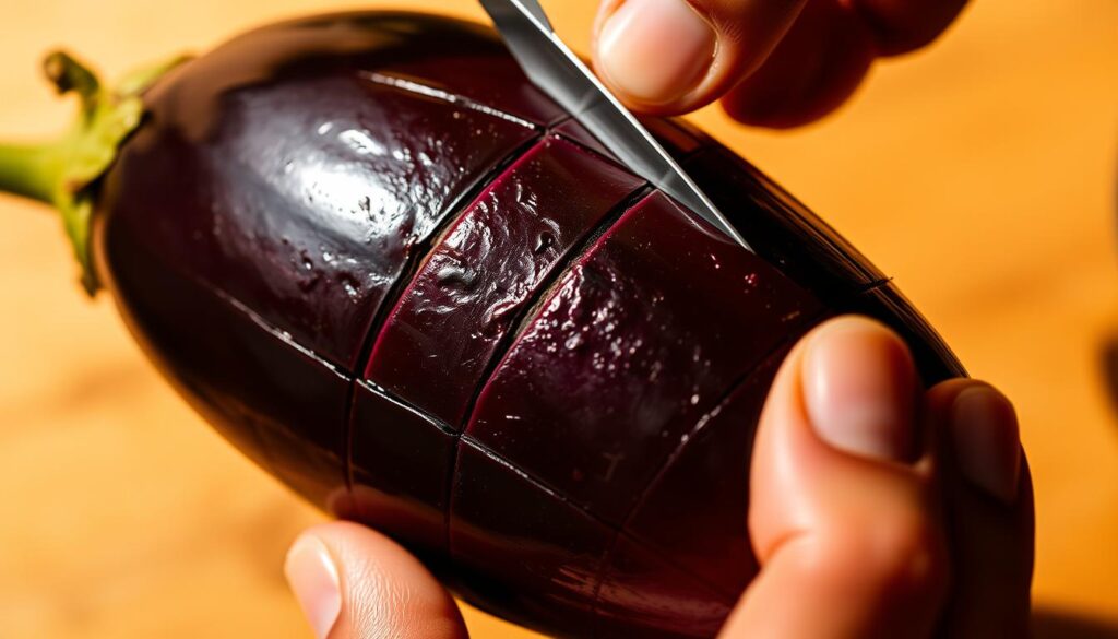 A close-up shot of an eggplant being scored with a sharp knife, revealing the vibrant purple flesh. The eggplant is held firmly in one hand, the knife making precise, parallel incisions along the surface, creating a distinct, geometric pattern. Warm, directional lighting casts deep shadows, accentuating the textures and highlighting the technique. The background is softly blurred, maintaining the focus on the skillful, hands-on preparation of the eggplant. The composition is balanced, drawing the viewer's eye to the careful scoring process, a crucial step in the miso-glazed eggplant recipe. A close-up shot of an eggplant being scored with a sharp knife, revealing the vibrant purple flesh. The eggplant is held firmly in one hand, the knife making precise, parallel incisions along the surface, creating a distinct, geometric pattern. Warm, directional lighting casts deep shadows, accentuating the textures and highlighting the technique. The background is softly blurred, maintaining the focus on the skillful, hands-on preparation of the eggplant. The composition is balanced, drawing the viewer's eye to the careful scoring process, a crucial step in the miso-glazed eggplant recipe.