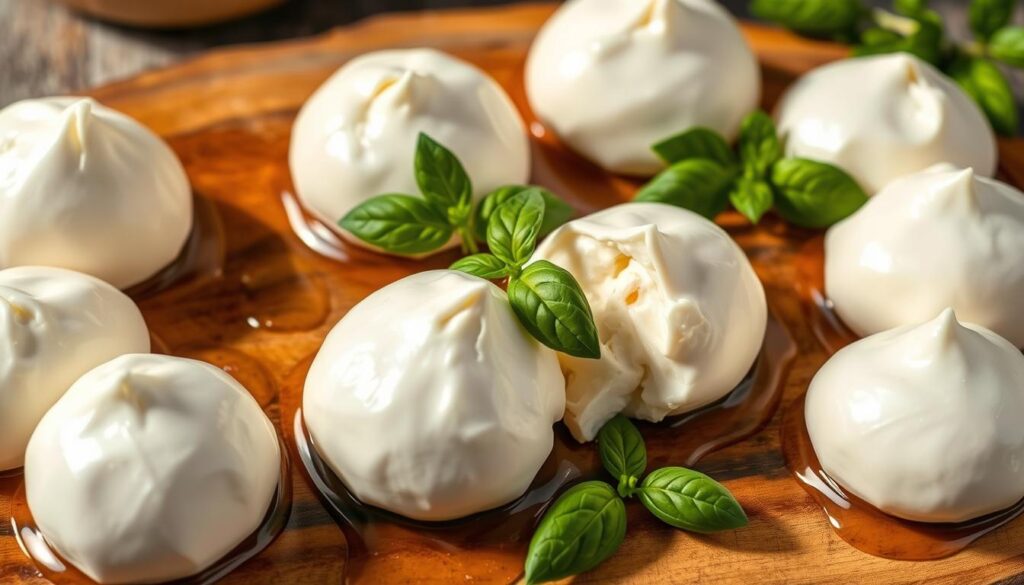 A delectable arrangement of freshly curated burrata cheeses, meticulously displayed on a rustic wooden board. The creamy, cloud-like spheres gleam under soft, natural lighting, their milky-white exteriors begging to be sliced open, revealing the luscious, stringy interior. Glistening droplets of olive oil and sprigs of fragrant basil surround the cheeses, adding a vibrant touch. The scene is captured from a slightly elevated angle, allowing the viewer to fully appreciate the carefully crafted presentation. The overall mood is one of inviting simplicity, showcasing the simple beauty and quality of the star ingredients. A delectable arrangement of freshly curated burrata cheeses, meticulously displayed on a rustic wooden board. The creamy, cloud-like spheres gleam under soft, natural lighting, their milky-white exteriors begging to be sliced open, revealing the luscious, stringy interior. Glistening droplets of olive oil and sprigs of fragrant basil surround the cheeses, adding a vibrant touch. The scene is captured from a slightly elevated angle, allowing the viewer to fully appreciate the carefully crafted presentation. The overall mood is one of inviting simplicity, showcasing the simple beauty and quality of the star ingredients.