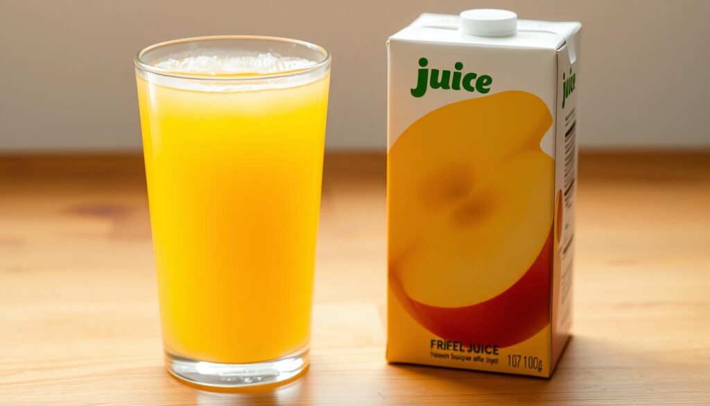 A glass of freshly squeezed apple juice, its vibrant golden hue glimmering under natural daylight, rests next to a store-bought juice box with a more muted, artificial-looking color. The fresh juice has a slight frothy texture and a few tiny pulp particles suspended within, while the store-bought counterpart appears more uniform and transparent. In the background, a wooden table surface provides a warm, rustic backdrop, allowing the contrast between the two liquids to take center stage. The lighting is soft and diffused, creating a clean, appetizing atmosphere that invites the viewer to compare the visual and potential taste differences between the homemade and mass-produced apple juices. A glass of freshly squeezed apple juice, its vibrant golden hue glimmering under natural daylight, rests next to a store-bought juice box with a more muted, artificial-looking color. The fresh juice has a slight frothy texture and a few tiny pulp particles suspended within, while the store-bought counterpart appears more uniform and transparent. In the background, a wooden table surface provides a warm, rustic backdrop, allowing the contrast between the two liquids to take center stage. The lighting is soft and diffused, creating a clean, appetizing atmosphere that invites the viewer to compare the visual and potential taste differences between the homemade and mass-produced apple juices.