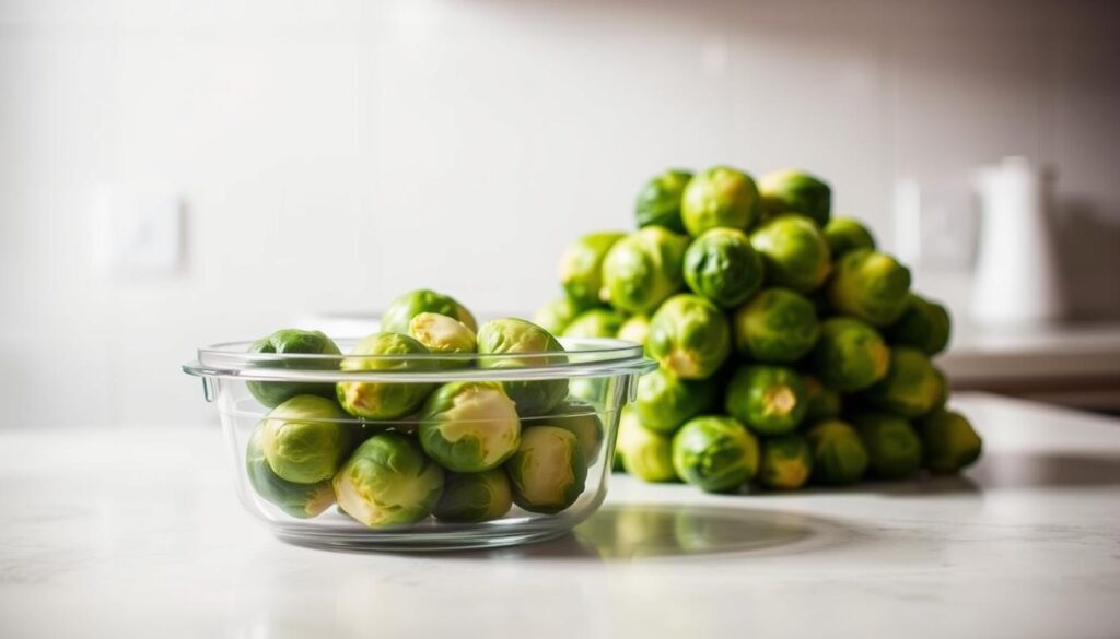 A well-lit kitchen counter with a stack of fresh Brussels sprouts, their vibrant green hues glistening under soft, diffused lighting. In the foreground, a clear glass container with a tight-fitting lid serves as a visual guide for storage, while in the middle, a microwave-safe bowl stands ready to facilitate easy reheating. The background features a neutral, minimalist setting, allowing the sprouts and their storage solutions to take center stage, conveying a sense of organization and efficiency. The overall mood is one of simplicity and practicality, perfectly suited to illustrate the "Storage and Reheating Guidelines" section of the "Balsamic Roasted Brussels Sprouts" article. A well-lit kitchen counter with a stack of fresh Brussels sprouts, their vibrant green hues glistening under soft, diffused lighting. In the foreground, a clear glass container with a tight-fitting lid serves as a visual guide for storage, while in the middle, a microwave-safe bowl stands ready to facilitate easy reheating. The background features a neutral, minimalist setting, allowing the sprouts and their storage solutions to take center stage, conveying a sense of organization and efficiency. The overall mood is one of simplicity and practicality, perfectly suited to illustrate the "Storage and Reheating Guidelines" section of the "Balsamic Roasted Brussels Sprouts" article.