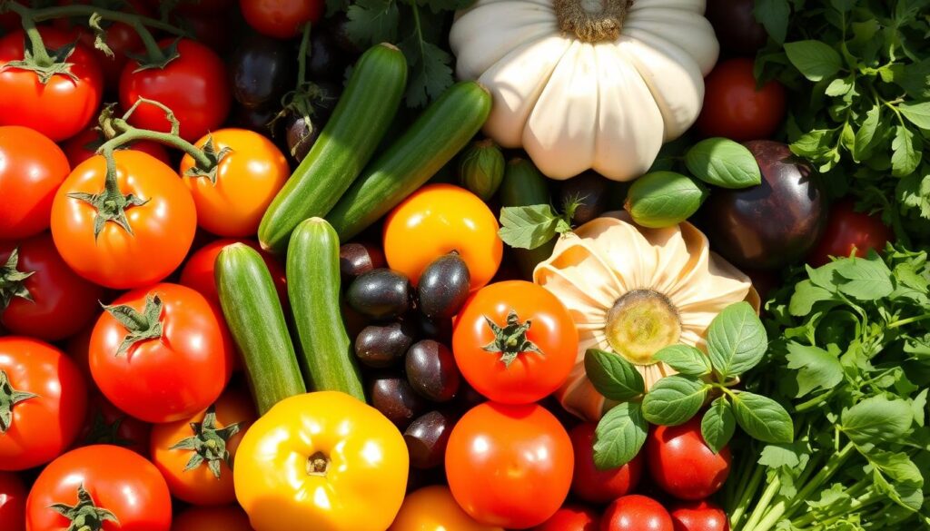 Plump, vibrant Mediterranean vegetables arranged in a bountiful display: juicy tomatoes in hues of red and yellow, crisp cucumbers, earthy kalamata olives, peppery arugula, and fragrant fresh herbs like basil and oregano. The scene is bathed in warm, natural light, casting soft shadows that accentuate the produce's natural textures and colors. The overall composition evokes a sense of rustic, Mediterranean abundance, perfectly capturing the essence of the "Mediterranean Vegetables to Include" section of the "Lemon Herb Quinoa Salad" article. Plump, vibrant Mediterranean vegetables arranged in a bountiful display: juicy tomatoes in hues of red and yellow, crisp cucumbers, earthy kalamata olives, peppery arugula, and fragrant fresh herbs like basil and oregano. The scene is bathed in warm, natural light, casting soft shadows that accentuate the produce's natural textures and colors. The overall composition evokes a sense of rustic, Mediterranean abundance, perfectly capturing the essence of the "Mediterranean Vegetables to Include" section of the "Lemon Herb Quinoa Salad" article.